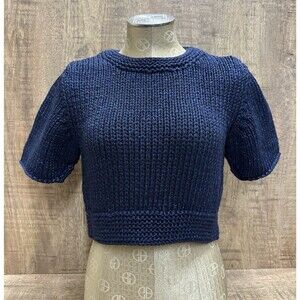 H&M Vintage women US SZ 2 metallic navy black cropped knit short sleeve sweater